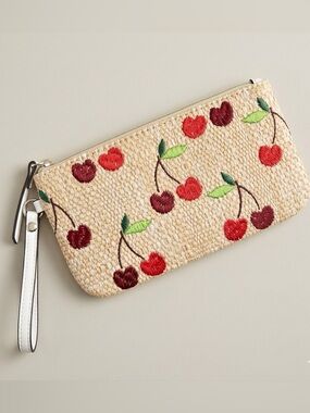 Straw Wristlet Embroidered Cherries Zipper Top Faux/Vegan Leather Strap Whimsy